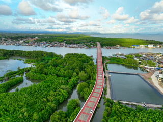 Wall Mural - Aerial landscape of Pak Nam Prasae estuary in Rayong, Thailand. Fishing community, mangrove forest, and river showcase sustainable ecotourism and net-zero travel in a biodiverse coastal ecosystem.