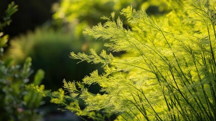 Wall Mural - Green asparagus sprengeri tree in a sunlit garden, its delicate, feathery foliage swaying gently in the breeze, creating a peaceful and natural outdoor scene.