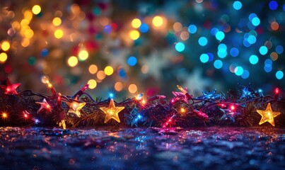 Sticker - Bright and colorful bokeh Christmas lights twinkling in a festive holiday atmosphere. Free copy space for banner.