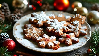 Delightful gingerbread cookies adorned with icing and candy, showcased on a plate among Christmas ornaments and vibrant holiday decorations