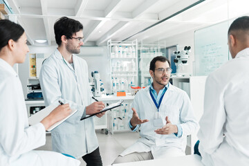 Poster - Writing, meeting or scientists talking for science breakthrough, clinical trial and discovery. Discussion, testing feedback and vaccine research in lab for results notes, teamwork or medicine cure