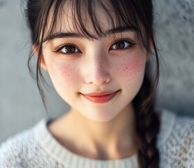 A young Asian woman with Braided Hairstyle poses in a bikini against a white background. Her stylish swimwear and natural beauty are highlighted by the simplicity of the scene.