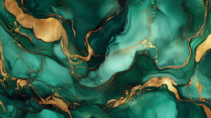 Wall Mural - Alcohol ink art with bold emerald green and gold accents, creating a luxurious swirling marble pattern with fluid shapes.