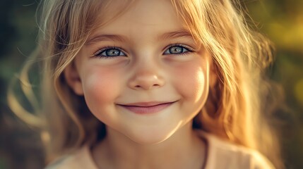 A close-up portrait of a smiling little girl with blonde hair and blue eyes.