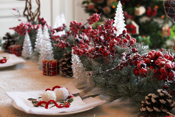 Christmas festive table setting in red and white colors