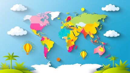  Colorful World Map Paper Cutout Style On a Blue Gradient Background With Fluffy White Clouds
