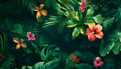 A lush jungle scene with vibrant green leaves and exotic flowers, bringing the warmth of the tropics to your screen