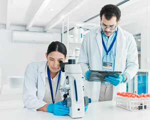Poster - Microscope, people and scientists on tablet for science breakthrough, clinical trial or discovery. Biotechnology, medical test or vaccine research in laboratory with teamwork or medicine for cure