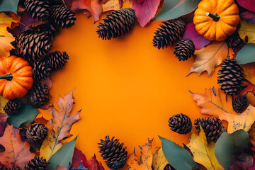 Canvas Print - Fall leaves with pine cones and pumpkins displayed in a flat layout, cheerful thanksgiving greeting set against a colorful background