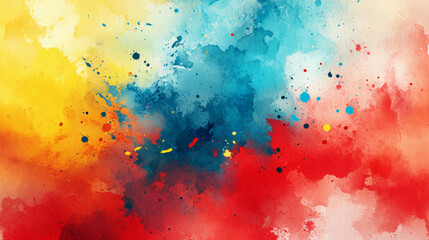 Wall Mural - A vibrant and energetic watercolor abstract background with splashes of red, yellow, and cyan, creating a dynamic and chaotic visual effect.