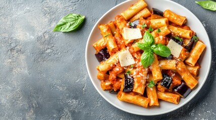 Wall Mural - Italian Pasta alla Norma on a plate with eggplant, tomato sauce, and cheese, garnished with fresh basil, against a textured gray concrete backdrop.