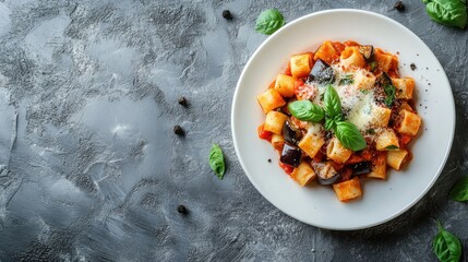 Wall Mural - Italian Pasta alla Norma on a plate with eggplant, tomato sauce, and cheese, garnished with fresh basil, against a textured gray concrete backdrop.