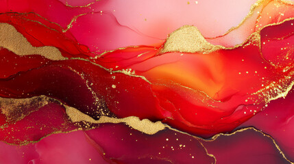 Wall Mural - Alcohol ink liquid art with bold red and gold, creating a vibrant marbled texture with flowing organic shapes.