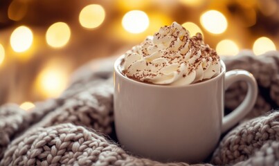 Poster - A white coffee cup with whipped cream on top is sitting on a blanket