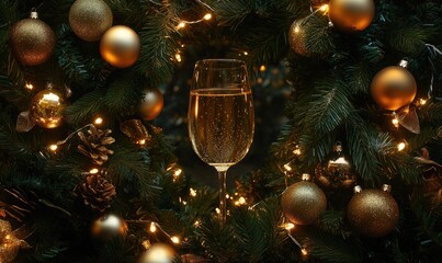 A Christmas tree with a glass of wine in the center