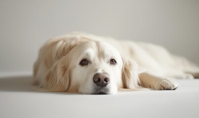 Wall Mural - A dog is laying on a white surface with its head down