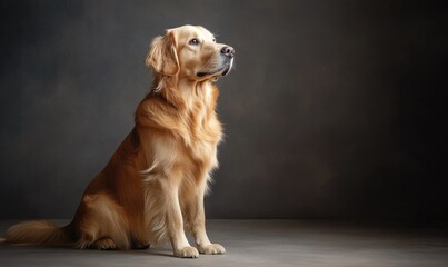 Wall Mural - A golden retriever is sitting on the ground with its head up