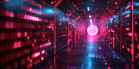 Wall Mural - Futuristic data center corridor glowing with red and blue lights, symbolizing technology and cybersecurity. Free copy space for text.