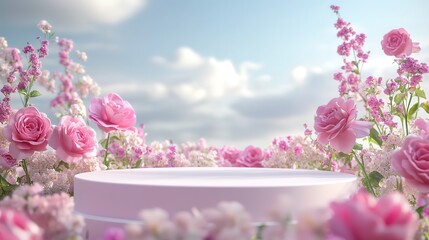 Poster - Podium background flower rose product pink 3d spring table beauty stand display nature white. Garden rose floral summer background podium cosmetic valentine Easter field scene gift purple day romantic