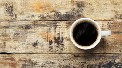 Wall Mural - Black coffee in a white cup placed on a wooden table