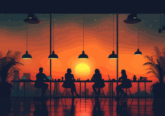 Poster - business meeting at sunset - teamwork concept - silhouetted professionals working together - minimal