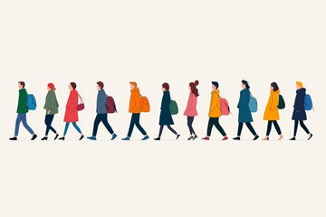 A row of people walking a simple vector illustration