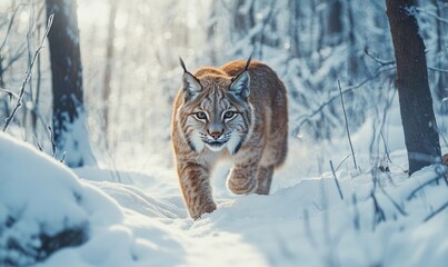 Poster - A small cat is walking through the snow in the woods