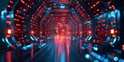 Wall Mural - Futuristic data center corridor glowing with red and blue lights, symbolizing technology and cybersecurity. Free copy space for text.