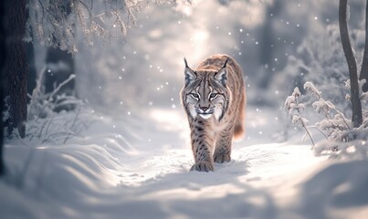 Poster - A cat is walking through the snow in a forest