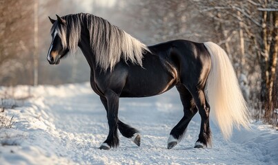 Wall Mural - A black and white horse with white mane and tail is walking on a snowy path