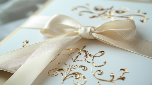 An elegant wedding invitation envelope with gold detailing, tied with a satin ribbon