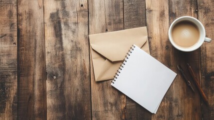 Poster - An envelope placed on a wooden desk next to a cup of coffee and a notepad. c