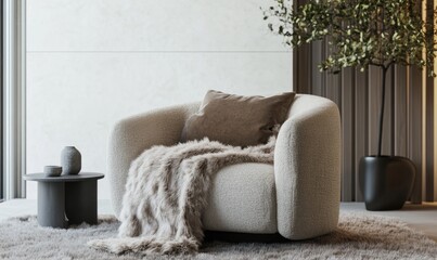 Wall Mural - A large, fluffy chair with a brown pillow and a white blanket on it