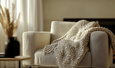 Wall Mural - A white chair with a knitted blanket draped over it