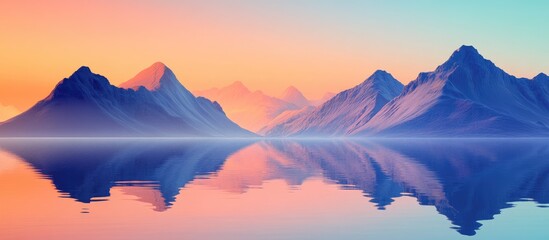 Surreal panoramic view of mountains mirroring in the water creating an abstract fantasy landscape