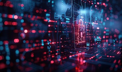Wall Mural - Futuristic data center corridor glowing with red and blue lights, symbolizing technology and cybersecurity. Free copy space for text.