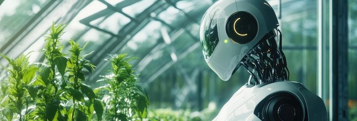 A futuristic robot tending to plants in a greenhouse, showcasing the blend of technology and nature in modern agriculture.