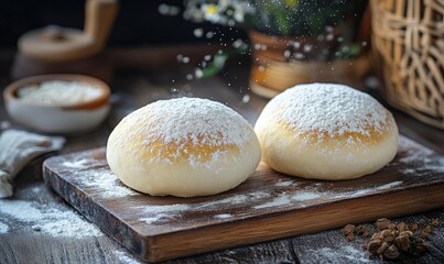 Two doughnuts with powdered sugar on top