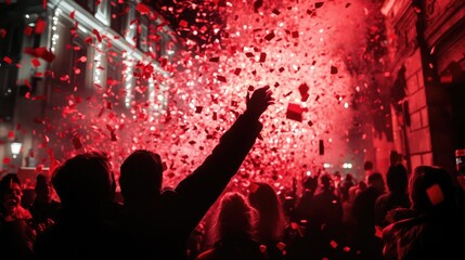 Red confetti raining down during a celebration, with people cheering in the background