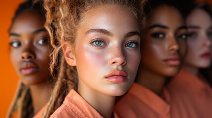 A group of young women in vibrant orange attire posing together in warm lighting with a focus on one model's unique features