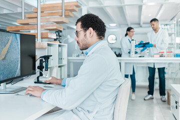 Poster - Microscope, computer screen or man in lab for dna breakthrough, clinical trial and discovery. Biotechnology, medical scientist and vaccine research with particles for mpox cure development or testing