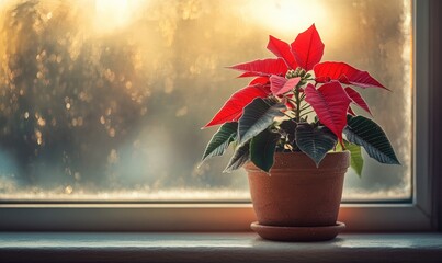 A small red plant is sitting in a pot on a windowsill