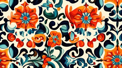 Vibrant repetitive pattern background featuring vintage decorative elements ideal for creative wallpaper or artistic design projects