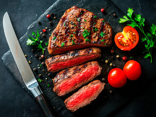 Grilled beef steak with herbs and spices on black background, top view