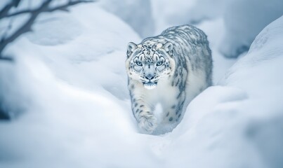 Poster - A white tiger is walking through the snow