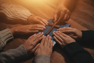 Poster - Christian group are praying to god with the bible and sharing the gospel. Concept of faith for god.