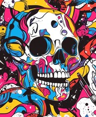 Wall Mural - A colorful, abstract skull illustration featuring vibrant patterns and artistic elements.