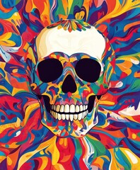 Wall Mural - A vibrant, colorful skull surrounded by swirling patterns, symbolizing life and death.