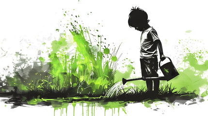 Wall Mural - black and white drawing of kid watering green colored grass. Image with funny twist
