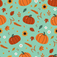 Seamless pattern with autumn pumpkins, flowers and leaves. Vector graphics.